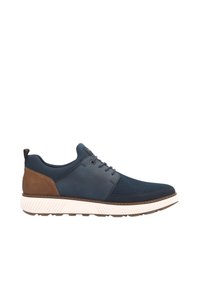 Marineblaue Sportschuhe mit einer strukturierten Oberseite, glatten Lederakzenten in Braun und einer weißen Gummisohle mit einem genoppten Muster.