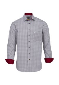 Camicia a scacchi bianca e blu navy con colletto e polsini bordeaux, dotata di chiusura a bottoni e taschino sul lato sinistro del petto. Materiale in cotone, con maniche lunghe.