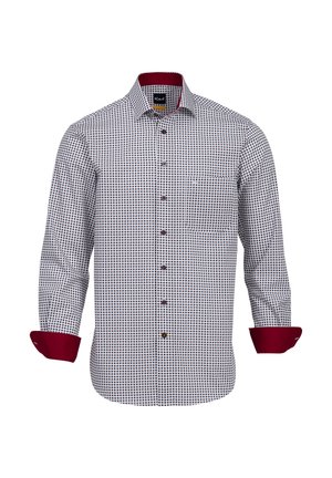 Camicia a scacchi bianca e blu navy con colletto e polsini bordeaux, dotata di chiusura a bottoni e taschino sul lato sinistro del petto. Materiale in cotone, con maniche lunghe.