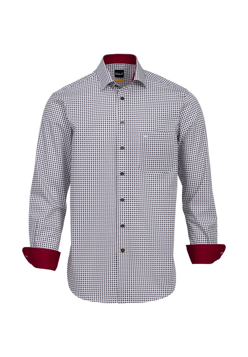 Camicia a scacchi bianca e blu navy con colletto e polsini bordeaux, dotata di chiusura a bottoni e taschino sul lato sinistro del petto. Materiale in cotone, con maniche lunghe.