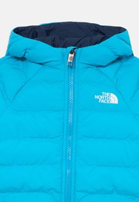Svijetloplava podstavljena jakna s kapuljačom, prednjim patentnim zatvaračem i bijelim logotipom "The North Face" na prsima.