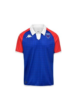 Maillot de rugby bleu avec manches rouges, col blanc, bordure blanche, logo Kappa sur la poitrine droite et écusson du club Grenoble Rugby sur la poitrine gauche.