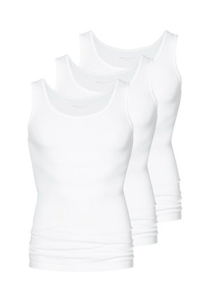 Tre ensfarvede hvide ærmeløse tanktops stablet i en række med rund halsudskæring og tætsiddende pasform.