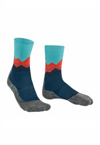 Calze a metà polpaccio con risvolto turchese, motivo a picco rosso, corpo blu scuro e aree rinforzate in grigio per il tallone e le punte.