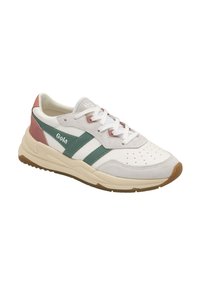 Sneaker bianca con accenti verdi e rosa, caratterizzata da una tomaia testurizzata, perforazioni e una suola in gomma beige. Logo Gola di lato.