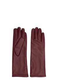 Burgunderfärgade läderhandskar med en slät yta, med femfingersdesign och en mjuk foder för värme. Försedda med en liten logotyp.