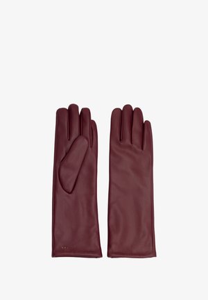 Bordeaux læderhandsker med en glat tekstur, der har fem-finger design og en blød foring for varme. Ak centered med et lille logo.