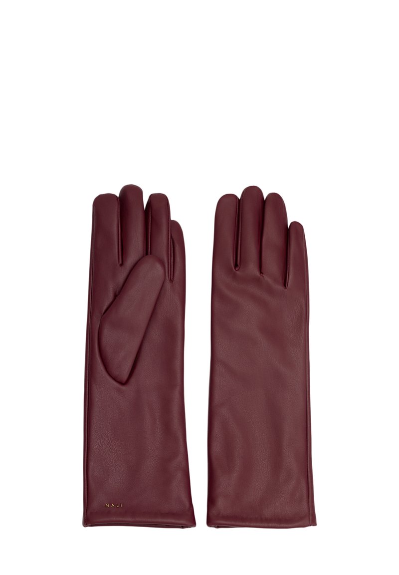 Burgunderfärgade läderhandskar med en slät yta, med femfingersdesign och en mjuk foder för värme. Försedda med en liten logotyp.