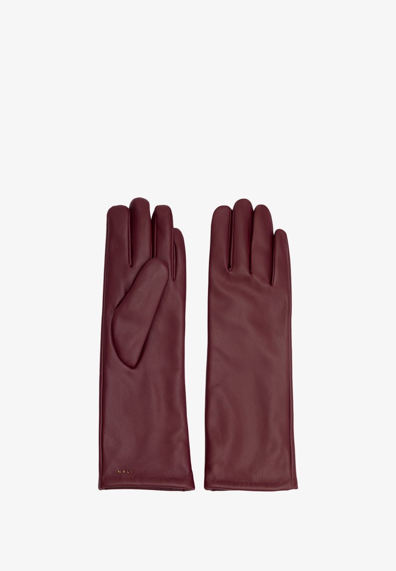 Burgunderfärgade läderhandskar med en slät yta, med femfingersdesign och en mjuk foder för värme. Försedda med en liten logotyp.