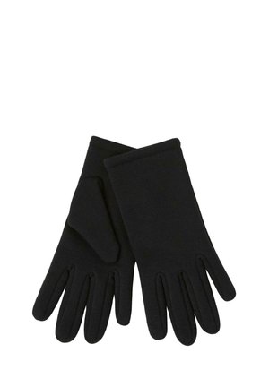 Par ensfarvede sorte handsker med fem-finger design, lavet af glat stof, vist fladt på en hvid baggrund.