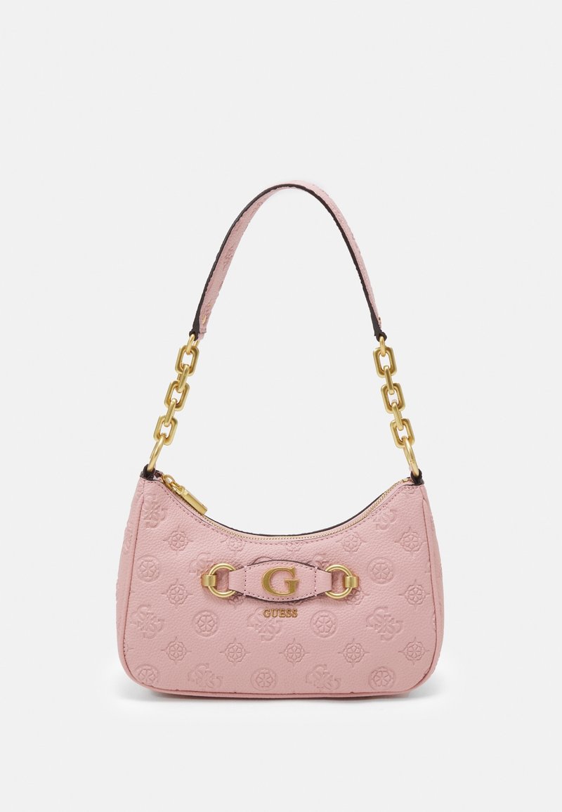Borsa a tracolla rosa con texture, forma curva, manico a catena dorata e accentuazione del logo G. Presenta una chiusura a zip e un motivo impresso sul materiale.