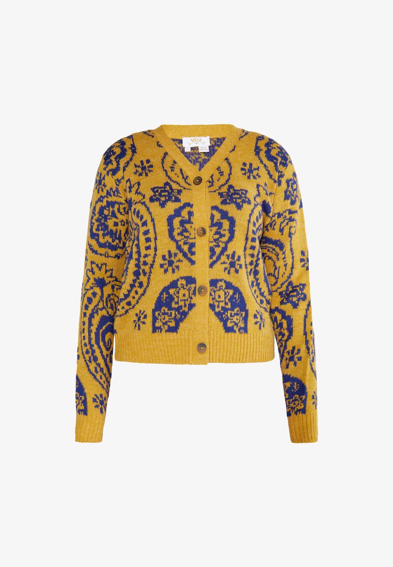 Cardigan galben cu un design paisley în albastru. Are decolteu în V, mâneci lungi și închidere cu butoane în partea din față, cu textură ribbed.