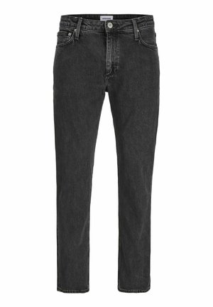 Zwarte denim jeans met een rechte pasvorm, vijf-pocket ontwerp, zichtbare stiksels en een knoopsluiting in de taille.