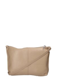 Borsa a tracolla in pelle beige con superficie texture, chiusura con zip e tracolla regolabile, caratterizzata da una forma rettangolare minimalista.
