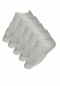 Calcetines de algodón gris hasta el tobillo, cinco pares, con una textura suave y puños elásticos para un ajuste ceñido. Diseño sencillo sin patrones.