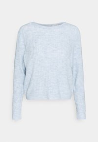 Suéter de manga larga azul claro con textura acanalada, que presenta un escote redondo y un corte relajado y corto.