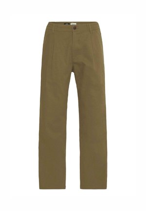 Pantaloni din in khaki cu o croială dreaptă, având închidere cu un singur nasture și două pliuri frontale pentru un plus de detaliu.