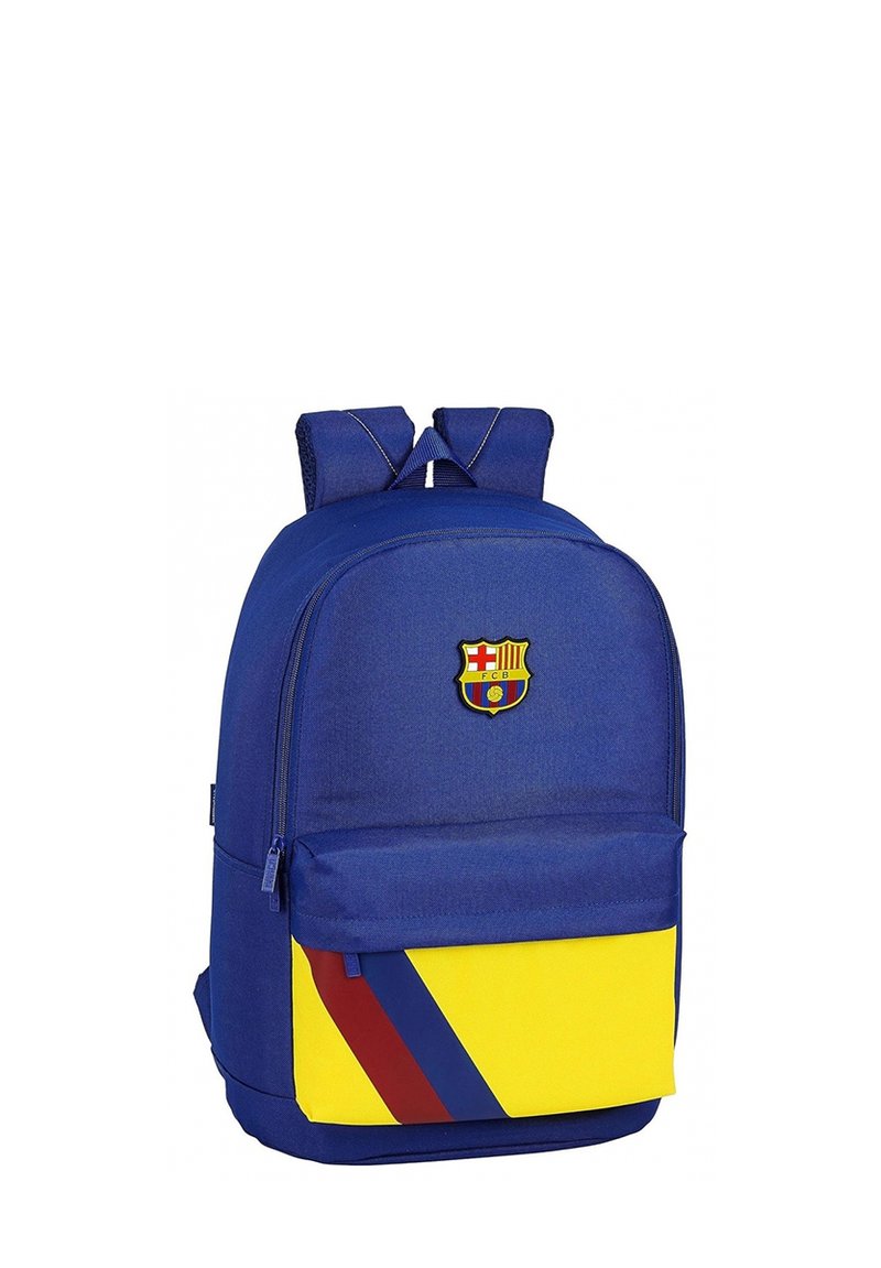 Niebieski plecak z żółtą przednią kieszenią, w czerwono-żółte ukośne paski i logo Barcelony z przodu. Wykonany z trwałego materiału.