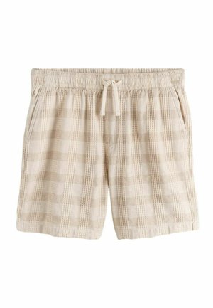 Beige und weiß karierte Shorts mit elastischem Bund, Kordelzug und Seitentaschen, aus strukturiertem Stoff.