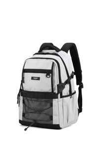 Zaino in tessuto grigio con dettagli neri, multiple tasche con cerniera, spallacci regolabili e una tasca in rete sulla parte anteriore.