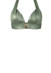 Jasnozielony biustonosz bikini na halter, z wyściełanymi miseczkami, prążkowanym materiałem i złotym, okrągłym zapięciem na pasku.