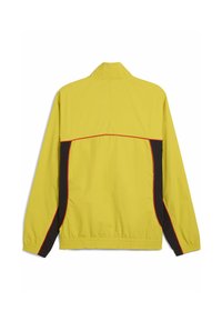 Yellow lightweight jacket featuring black side panels and red accents, with a high collar and elastic cuffs for a fitted design.
