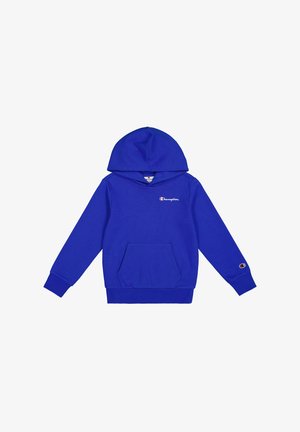 Sudadera de algodón azul con un bolsillo delantero, puños de canalé, logo bordado en el pecho y capucha con cordón. Textura suave.