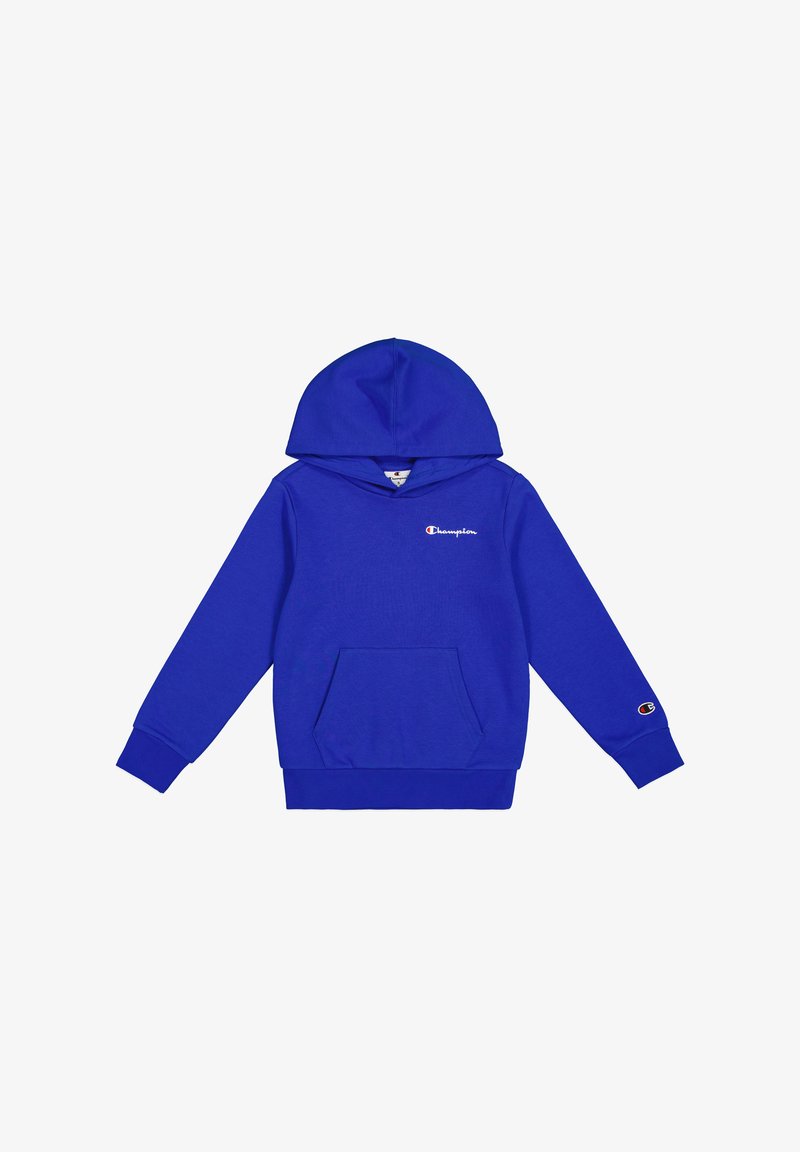 Felpa blu in cotone con tasca frontale, polsini a costine, logo ricamato sul petto e cappuccio con coulisse. Texture liscia.