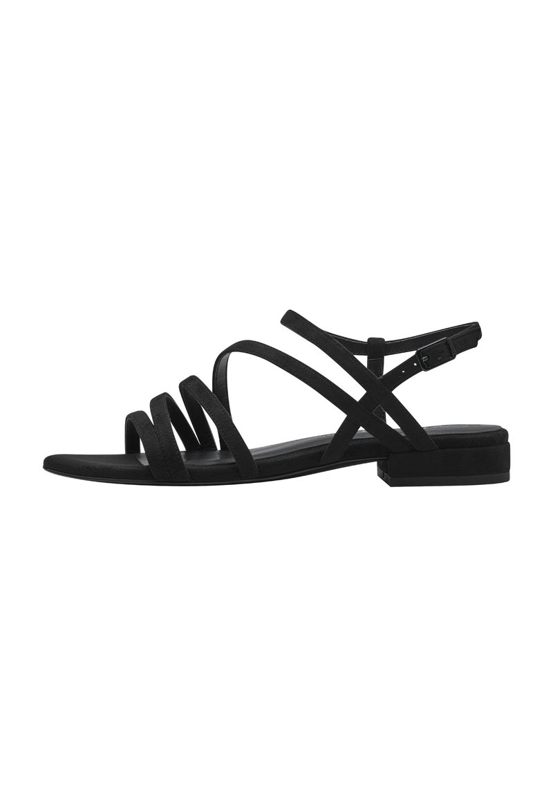 Crne nubuk sandale s ravnim potpeticama, s višestrukim ukriženim trakama i podesivim remenom oko gležnja za bolju prilagodbu. Glatka tekstura i minimalistički dizajn.