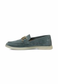 Sinised sametist loafers, millel on kuldset tooni aksessuaar, madal profiil ja paindlik kummist tald mugavuse ja stiili jaoks.