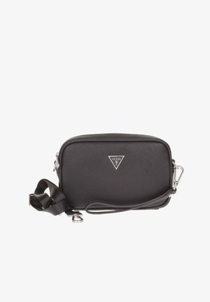 Borsa a tracolla nera in materiale sintetico, con forma rettangolare, superficie testurizzata, accessori in argento e dettaglio con logo triangolare nella parte frontale.