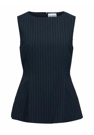 Haut sans manches pour femmes bleu marine avec fines rayures blanches verticales et taille cintrée, doté d'une fermeture éclair à l'arrière.