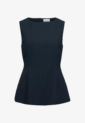 Námornícky modrý dámsky top bez rukávov s bielymi zvislými prúžkami a priliehavým pásom, so zapínaním na zips na chrbte.
