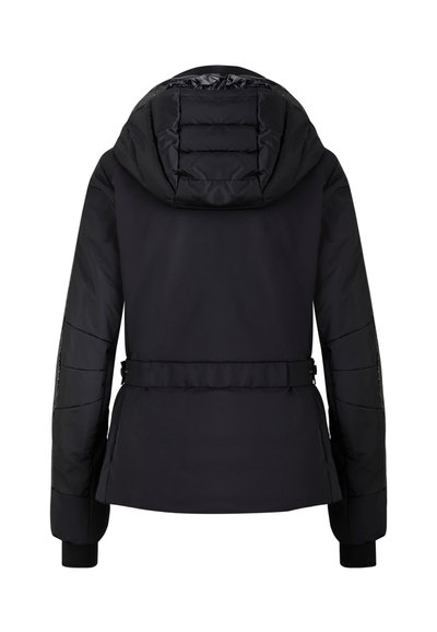 Black padded jacket with a detachable hood, belted waist, ribbed sleeve cuffs, and a smooth texture. Features horizontal stitching on the hood.