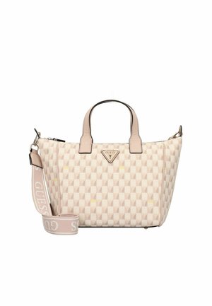 Sac à main à carreaux beige avec des accents roses, doubles poignées, bandoulière amovible et plaque en métal avec logo à l'avant.