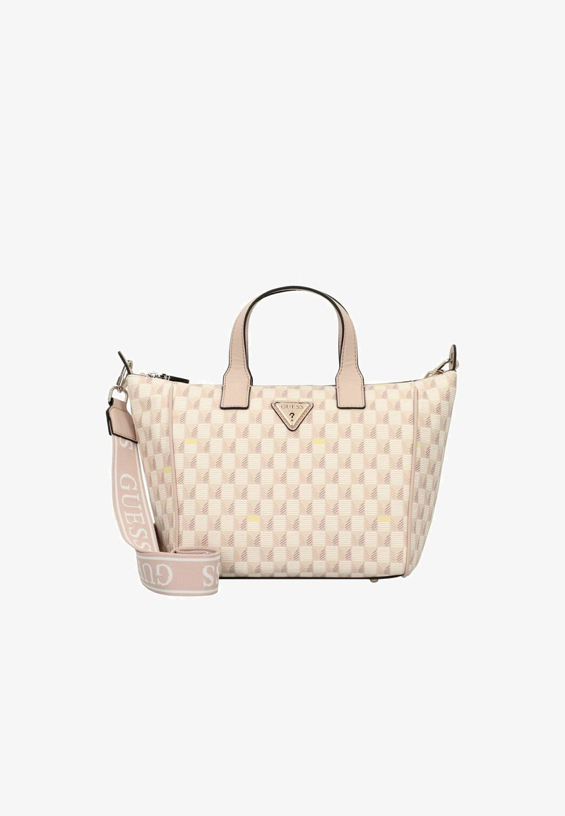Sac à main à carreaux beige avec des accents roses, doubles poignées, bandoulière amovible et plaque en métal avec logo à l'avant.