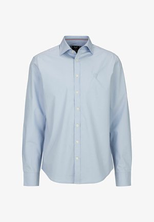 Hellesblaues Langarmhemd aus gewebtem Stoff, mit durchgehender Knopfleiste, spitzem Kragen und kleinem Logo auf der linken Brust.