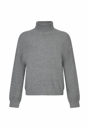 Grå turtleneck sweater lavet af tekstureret strikkemateriale med en afslappet pasform, der har ribbet krave og manchetter samt subtile glitrende detaljer.