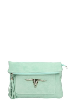 Pochette en suede vert menthe avec un accent de crâne de taureau en argent, fermeture éclair et détail de frange sur le côté. Forme rectangulaire, texture lisse.