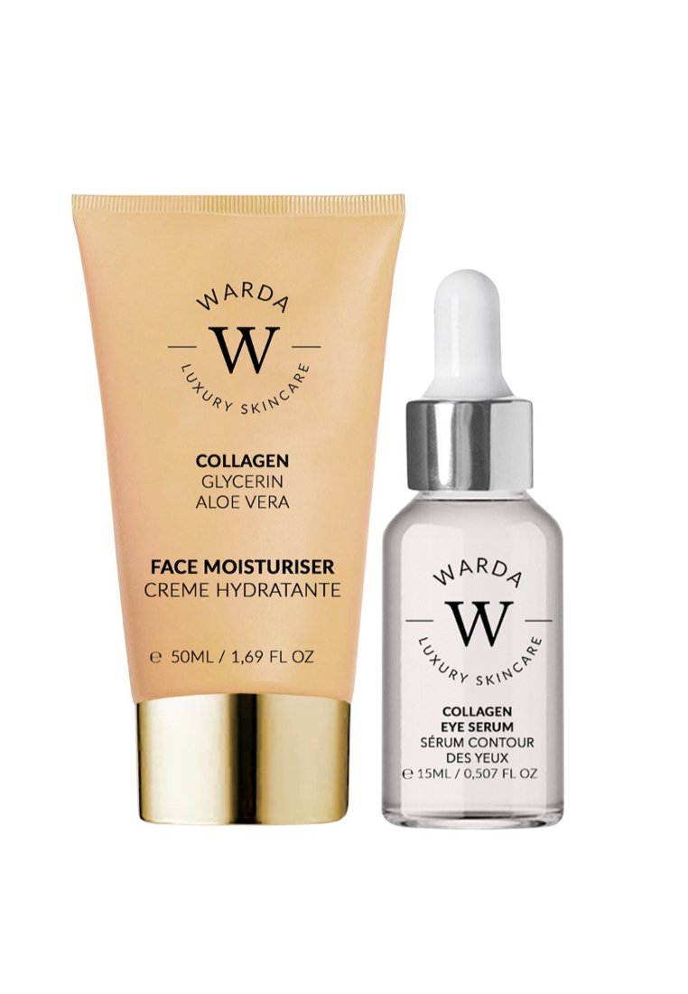 Zestaw kosmetyków Warda, który zawiera tubkę nawilżającego kremu do twarzy z złotymi akcentami oraz przezroczystą buteleczkę z kroplomierzem serum do oczu. Obydwa oznaczone etykietą "kolagen."