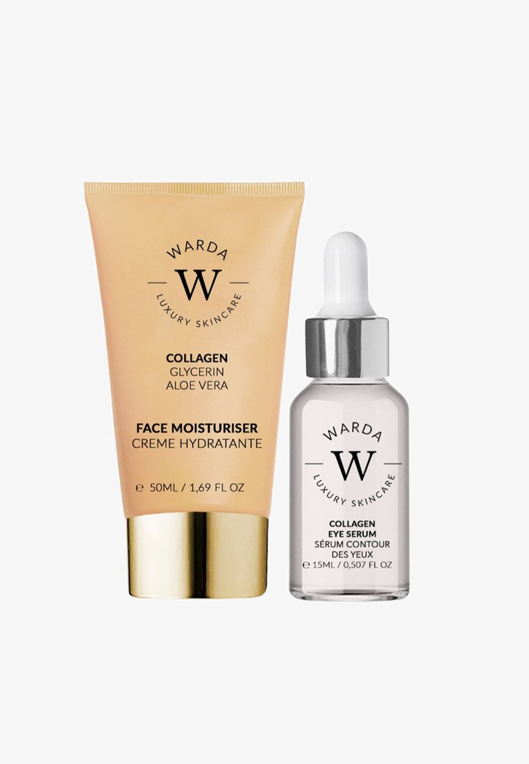 Zestaw kosmetyków Warda, który zawiera tubkę nawilżającego kremu do twarzy z złotymi akcentami oraz przezroczystą buteleczkę z kroplomierzem serum do oczu. Obydwa oznaczone etykietą "kolagen."