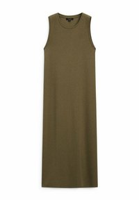 Robe longue sans manches couleur vert olive avec un col rond. Fabriquée dans un tissu doux, elle présente une silhouette simple et droite.