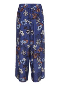 Bloemen wijde broek van een blauwe stof. Heeft een elastische tailleband en een gevarieerd bloemenpatroon met tinten wit, roze en blauw.