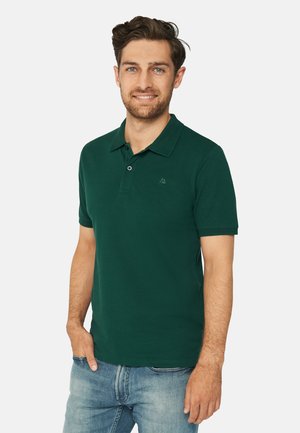 Dark green polo shirt made of cotton, featuring a three-button placket and a subtle logo. Short sleeves and a classic fit design.