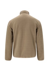 Beige fleece jacket with long sleeves and a high collar, shown from the back against a white background.