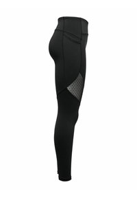 Black leggings made of stretchy fabric, featuring a high waist and mesh panel with polka dots on the side for ventilation and design.