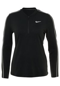 Black long-sleeve Nike top with a zip neckline and white side stripe accents. Made of smooth fabric with a fitted silhouette.