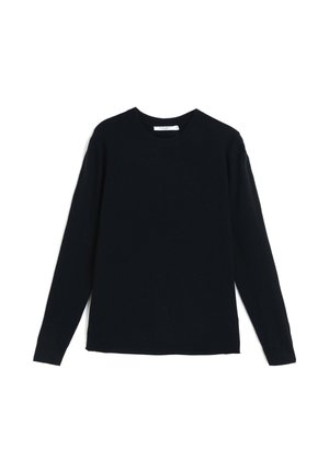 Schwarzer langärmeliger Pullover mit Rundhalsausschnitt, schlichtes Design, leichter Strickstoff, flach auf einem weißen Hintergrund ausgelegt.