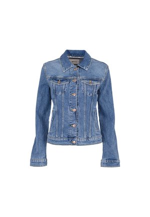 Blauwe spijkerjas met lange mouwen, sluiting met knopen aan de voorkant, twee borstzakken met kleppen en gestikte naaddetails.