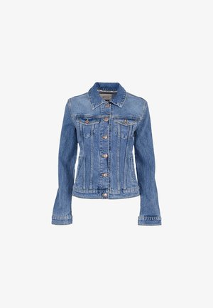 Blauwe spijkerjas met lange mouwen, sluiting met knopen aan de voorkant, twee borstzakken met kleppen en gestikte naaddetails.